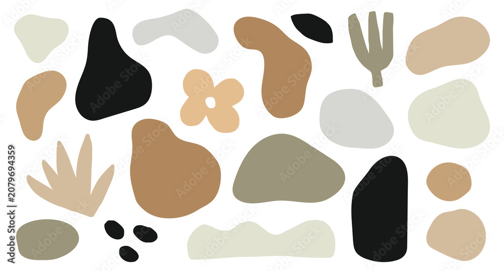 Fototapeta premium Abstract vector shapes in earthy tones, including organic forms and simple patterns.