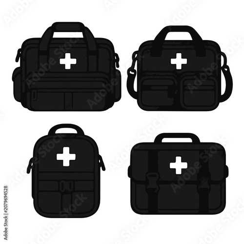 Variety of first aid kits with different designs and handles on dark background