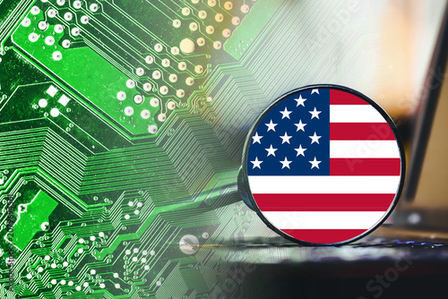 Konstfotografi American flag icon on electronic circuit board