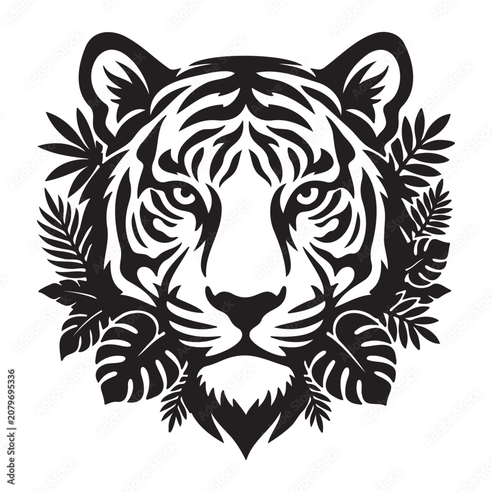 Fototapeta premium Black and white tiger head illustration with intricate jungle foliage frame
