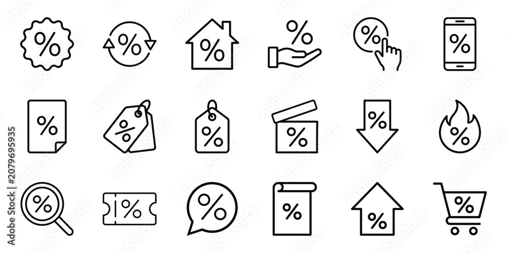 Fototapeta premium Discount and percentage offer line icons with discount shopping marketing business promotion commerce reduction