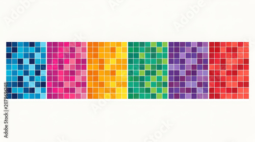 Colorful square mosaic patterns in six different rainbow color shades