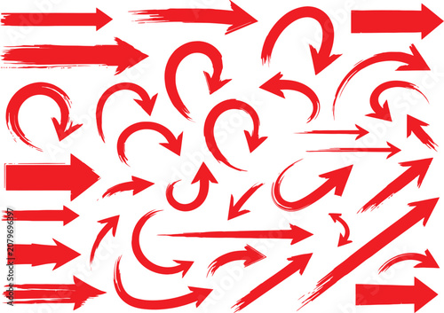 Set of various handdrawn red brush stroke arrows