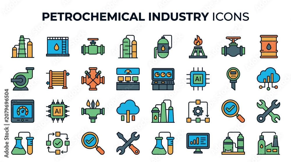 Fototapeta premium A collection of colorful flat vector icons representing the petrochemical industry, oil refining, smart factory technology, digital monitoring, and chemical laboratory processes.