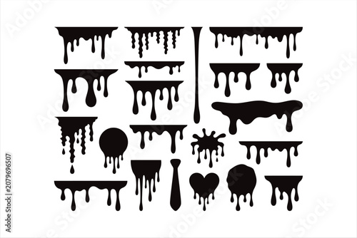 Set of black liquid drips and ink splashes