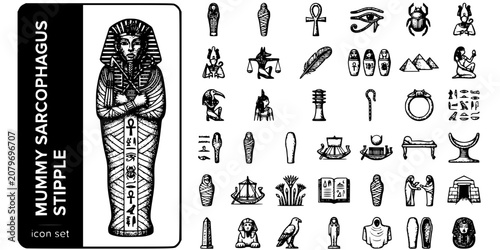 Quadro su tela Egyptian Mummy Sarcophagus Stipple Black White-Gold Mask Linen Burial Symbol-Aft