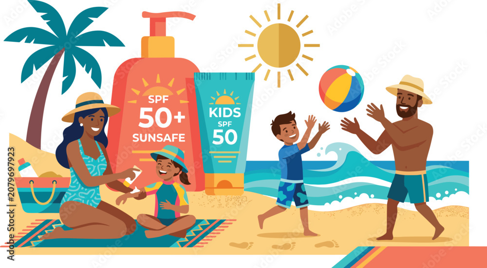 Fototapeta premium Happy Black family enjoying summer beach vacation with mother applying sun protection lotion to daughter while father and son play