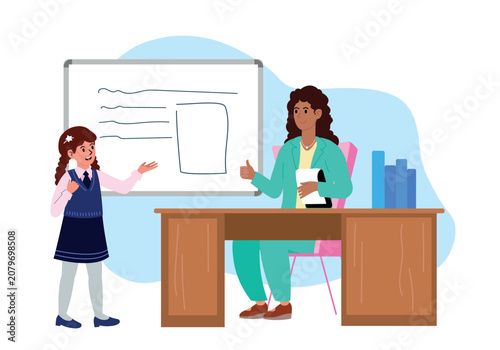 Elementary school girl speaking during lesson. Teacher sitting at desk near whiteboard. Classroom, education, student presentation