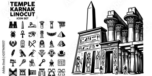 Fotografía Temple Karnak Linocut Black White-Hypostyle Hall Obelisk Pylon Entrance-Architec