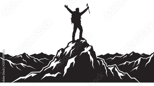 Foto Hiker On Mountain Peak With Raised Arms Black Silhouette