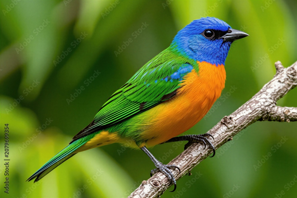 Obraz premium Small male painted bunting bird perches on rough tree branch. Vibrant blue head contrasts with green wings, bright orange body. Detailed feathers visible against blurred green foliage background,