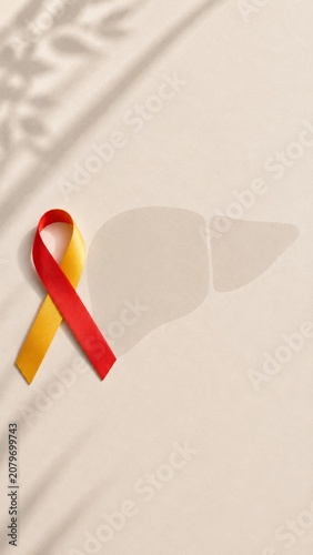 Red and yellow awareness ribbon placed on a clean minimalist beige background with a subtle liver silhouette, symbolizing medical support, healthcare education, and World Hepatitis Day campaigns.