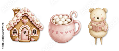 Part of the Christmas Set - Cute Watercolor Gingerbread House Clipart, Whimsical Pink Hot Cocoa Mug Reading Bear, Matte Gouache Holiday Graphic PNG