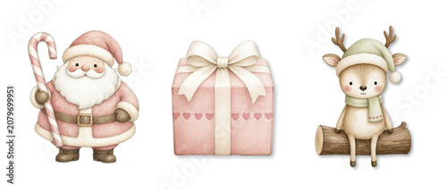 Part of the Christmas Set - Cute Watercolor Reindeer on Log Clipart Set, Whimsical Pink Heart Present Santa Candy Cane, Matte Gouache Winter Graphic