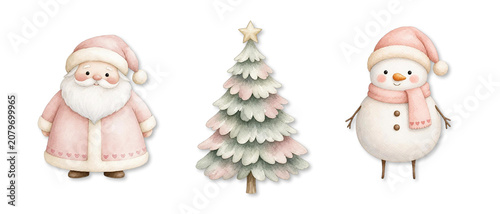 Part of the Christmas Set - Cute Watercolor Pastel Snowman, Whimsical Frosted Christmas Tree Standing Santa, Matte Gouache Holiday Graphic PNG 