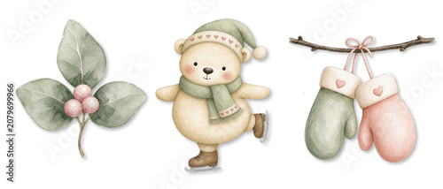 Cute Watercolor Ice Skating Bear Clipart Set, Whimsical Sage Holly, Hanging Mittens Branch, Matte Gouache Winter Graphic Other Matching PNG Files Available