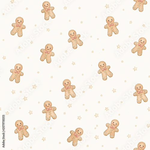 Cute Watercolor Gingerbread Man Seamless Pattern, Whimsical Christmas Cookie and Pastel Stars Background. Part of the Christmas Collection Set