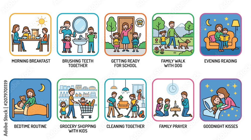 Fototapeta premium Colorful Family Daily Routine Icon Set – Morning Habits, Family Activities and Parenting Lifestyle Illustrations