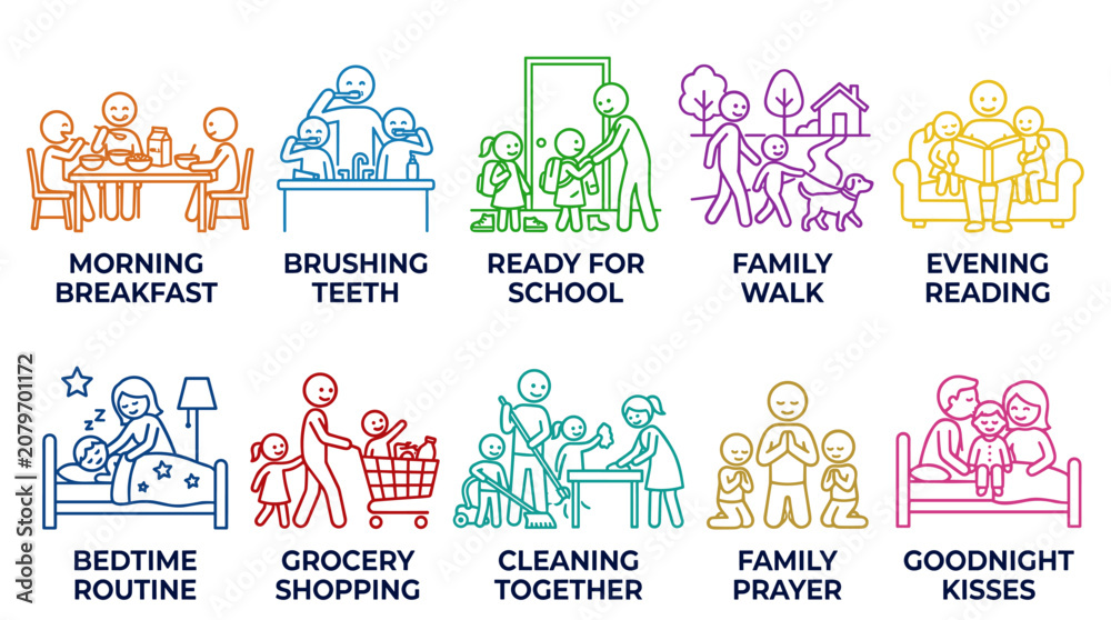Fototapeta premium Family Daily Routine and Domestic Life Activities Outline Pictograms. Modern Colorful Line Art Style.