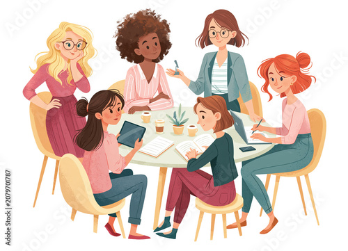 Group of friends chatting and studying around a table