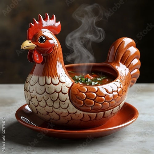 Chicken-shaped ceramic bowl filled with hot soup on wooden table  