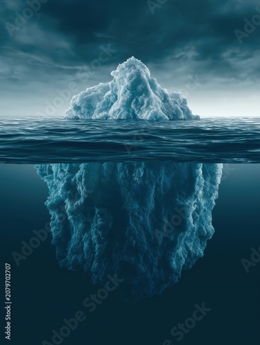 A large iceberg rises from dark water with a small visible tip and a much larger part submerged, representing hidden risks and unseen dangers.