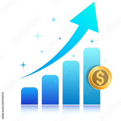 Financial Growth Chart with Rising Arrow and Gold Dollar Coin, Isolated