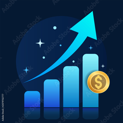 Financial growth bar chart with rising arrow and gold dollar coin.