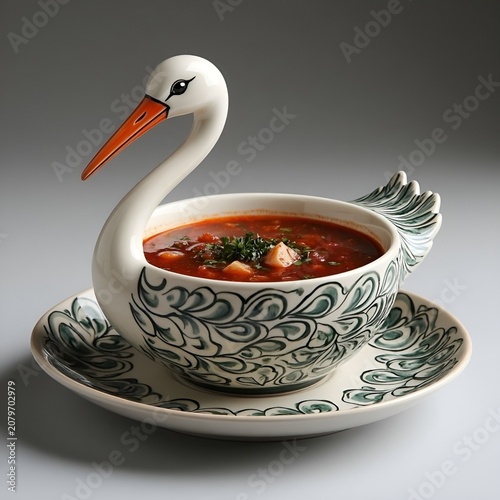 Ornate bowl shaped like a swan filled with colorful soup  