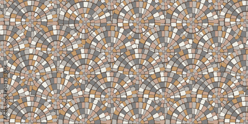 Fotografia Ancient Circular Roman, Mediterranean, Greek Mosaic pattern with hand-painted stone circular geometric tiles in neutral earth tones
