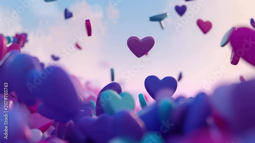 Shower of vibrant purple, pink, and teal heart symbols against dreamy pastel sky, representing heartfelt emotion and joy.