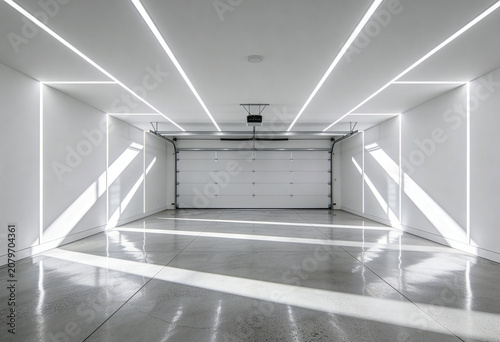 Empty garage interior with bright LED strip lights. Minimalist clean white supercar showroom. Premium house car parking floor. Home workshop, parking, interior design, automotive display.