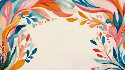 Delicate floral border frame composed of painterly leaf and petal shapes in vibrant, warm and cool color palette on light background, abstract decorative element for spring and summer themes.