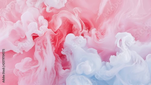 Ethereal blend of soft pink and white liquid pigments swirling together in fluid dance to create mesmerizing organic abstract pattern of gentle pastel colored smoke and ink dispersion