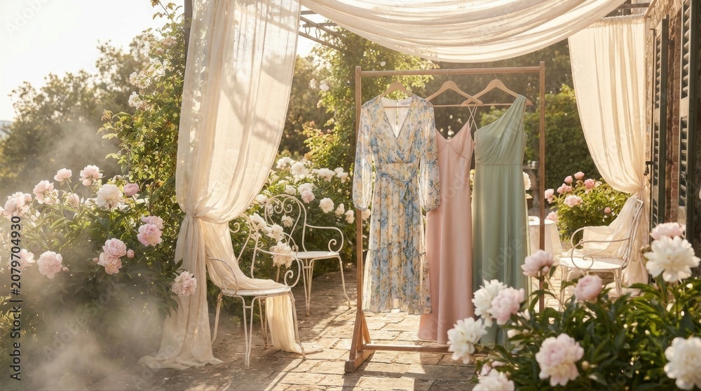 Fototapeta premium Sunlit garden terrace with three summer wedding guest dresses on a rack: a chiffon floral midi, a satin slip dress, and a pastel one-shoulder gown, surrounded by peonies, white chairs, and soft linen