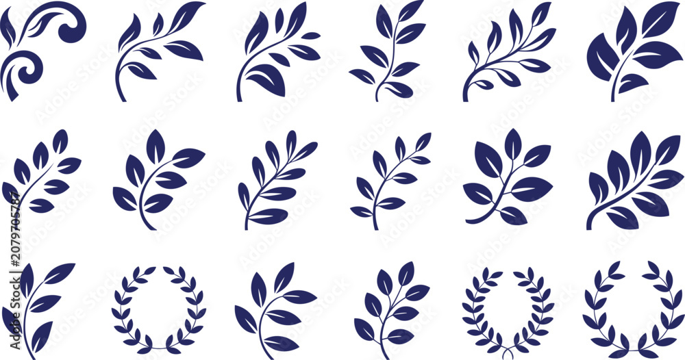 Fototapeta premium Set of blue leaf and branch elements and laurel wreaths on transparent background.