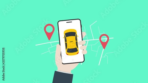 hand book taxi service on phone with gps map pin animation