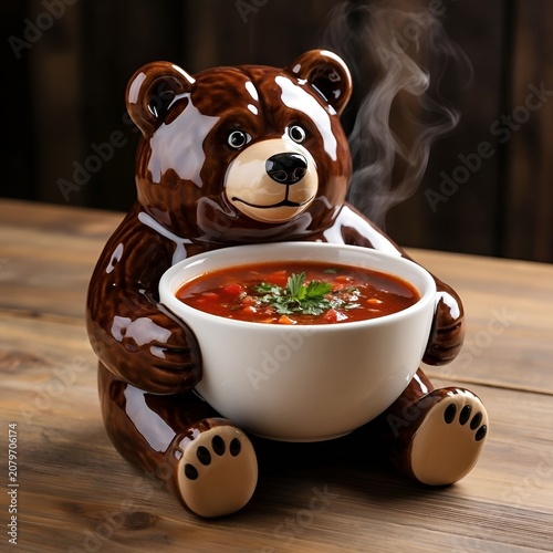 Bear-shaped ceramic bowl filled with hot soup on wooden table  