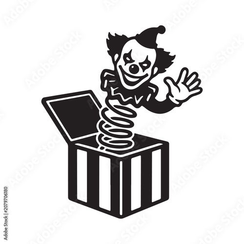 Jack in the box toy with creepy clown character illustration monochrome childhood amusement