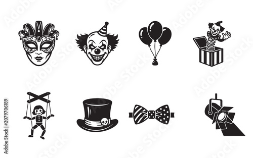 Set of various circus and performance themed graphic icons with marionette spotlight performance
