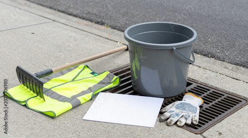 Storm drain cleanup kit with rake, gloves and blank block map