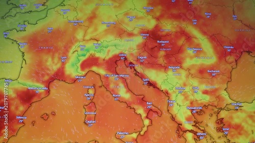 Colorful weather display showing heat and temperature data across Europe, the Mediterranean, Italy, the Balkans and Central Europe, recorded from a computer screen with visible pixels.