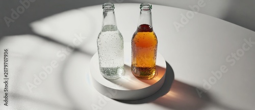 Clear and amber beverages in glass bottles on white circular surface