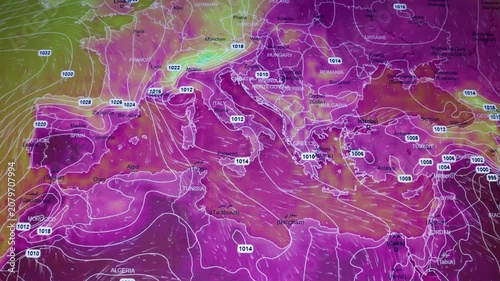Temperature heat wave Camera shot of weather data visualization showing pressure systems wind flow atmospheric movement over Europe, the Mediterranean region, the Balkans and surrounding countries.