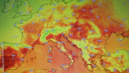 Heat wave over Europe  showing heat and temperature data across Europe, the Mediterranean, Italy, the Balkans and Central Europe, recorded from a computer screen with visible pixels.