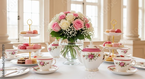 Elegant tea party with pink roses, vintage porcelain teacups with rose patterns, tiered stands of macarons and pastries, gold accents. Natural light creates a sophisticated celebration atmosphere.