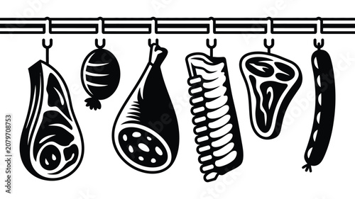 Tableau sur toile Butchery meat cuts silhouette illustration set, generic hanging meat display for butcher shop and food market