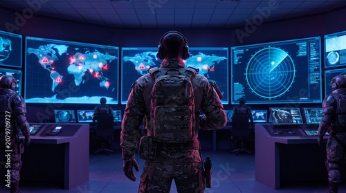Military command center with soldiers monitoring global threats