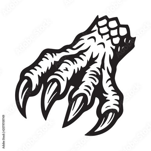 Sharp monster or beast claw with large hooked talons in black and white graphic style, predator
