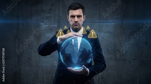Businessman holding a glowing globe with risk alerts